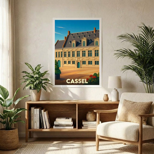 Affiche souvenir de la ville de Cassel avec une illustration stylisée d'un bâtiment historique flamand.