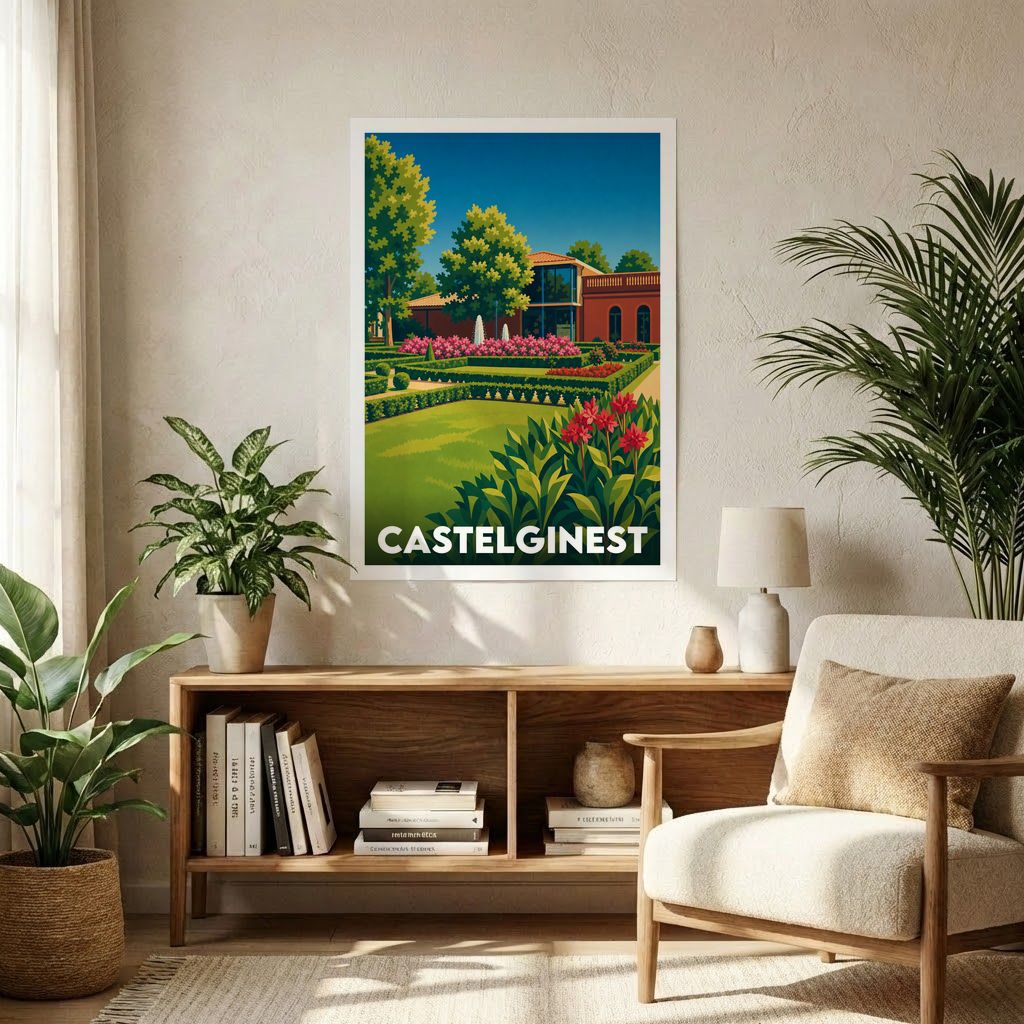 Affiche souvenir de la ville de Castelginest avec une illustration stylisée d'un jardin et d'une villa.