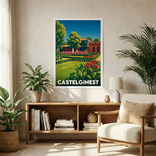 Affiche souvenir de la ville de Castelginest avec une illustration stylisée d'un jardin et d'une villa.