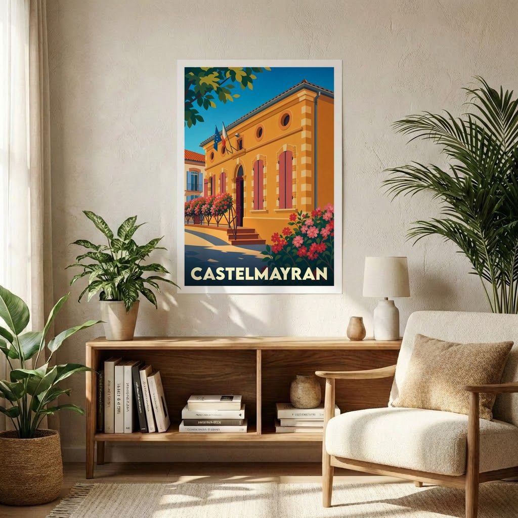 Affiche souvenir de la ville de Castelmayran avec une illustration colorée de l'hôtel de ville dans un style vintage.