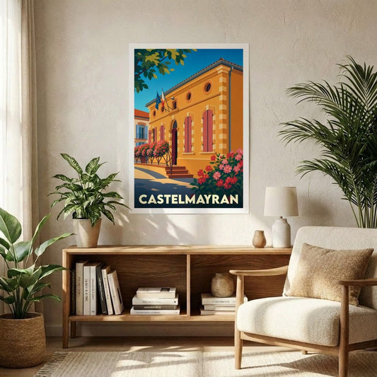 Affiche souvenir de la ville de Castelmayran avec une illustration colorée de l'hôtel de ville dans un style vintage.