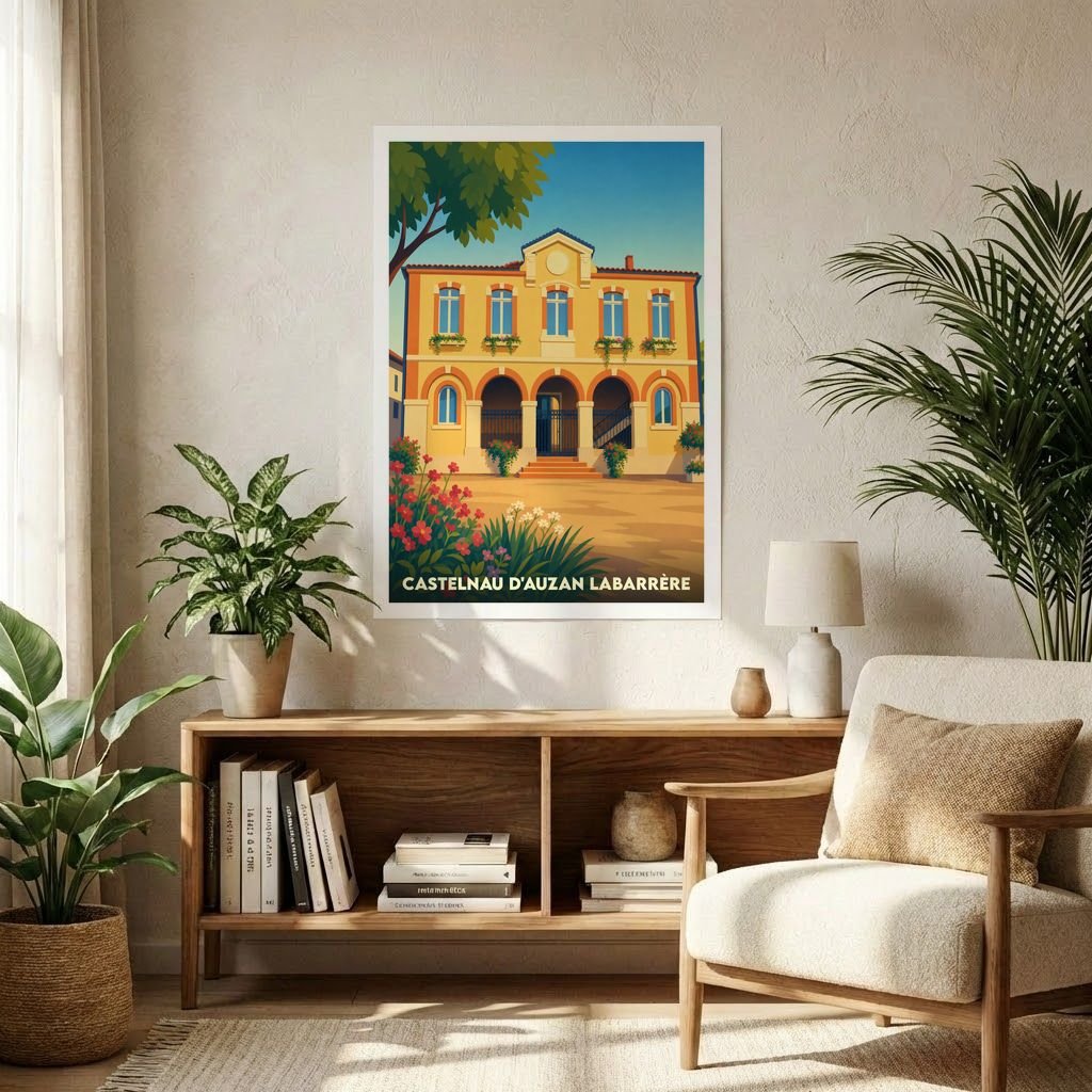 Affiche souvenir de la ville de Castelnau d'Auzan Labarrère avec une illustration colorée et stylisée de sa mairie.