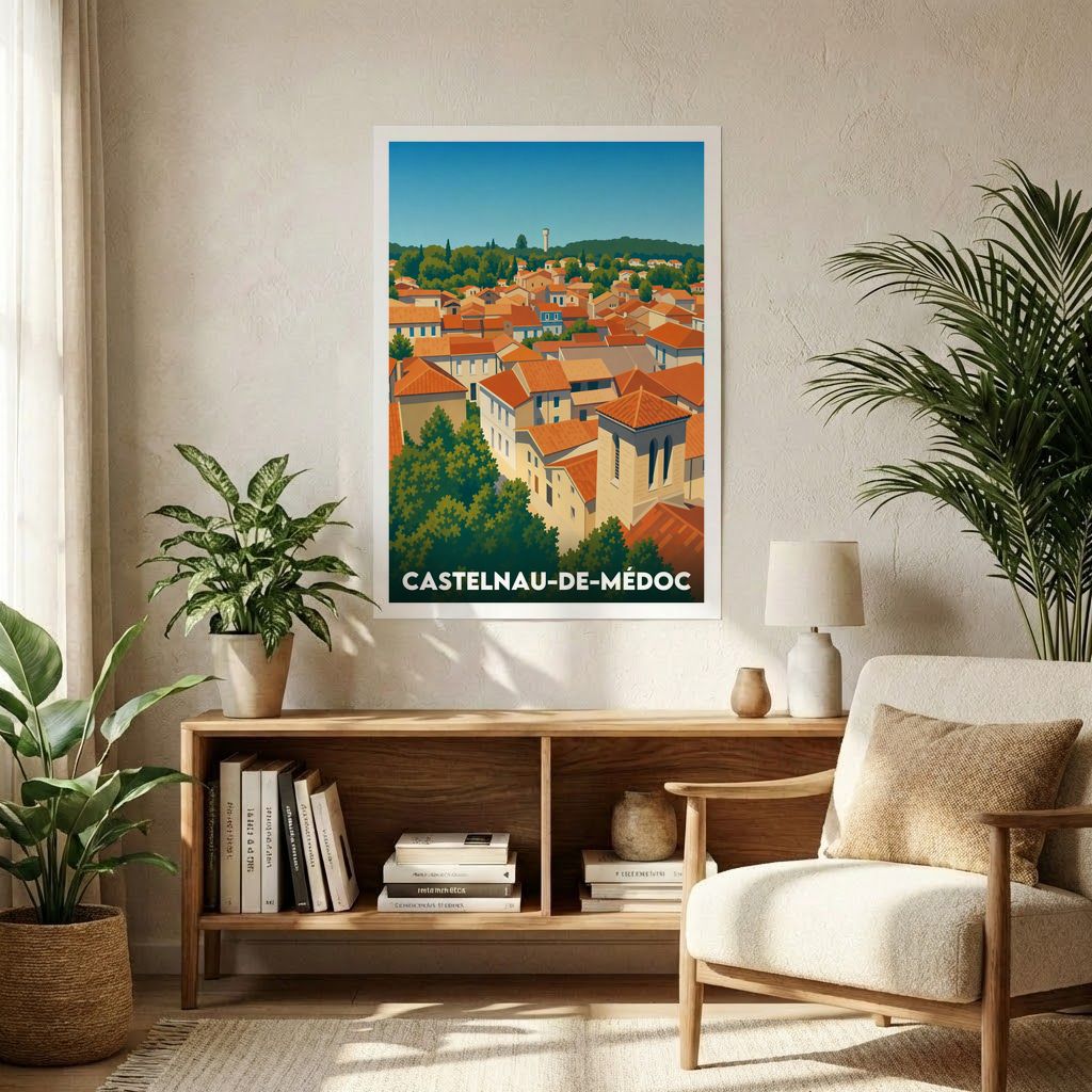 Affiche souvenir de la ville de Castelnau-de-Médoc avec une illustration stylisée.