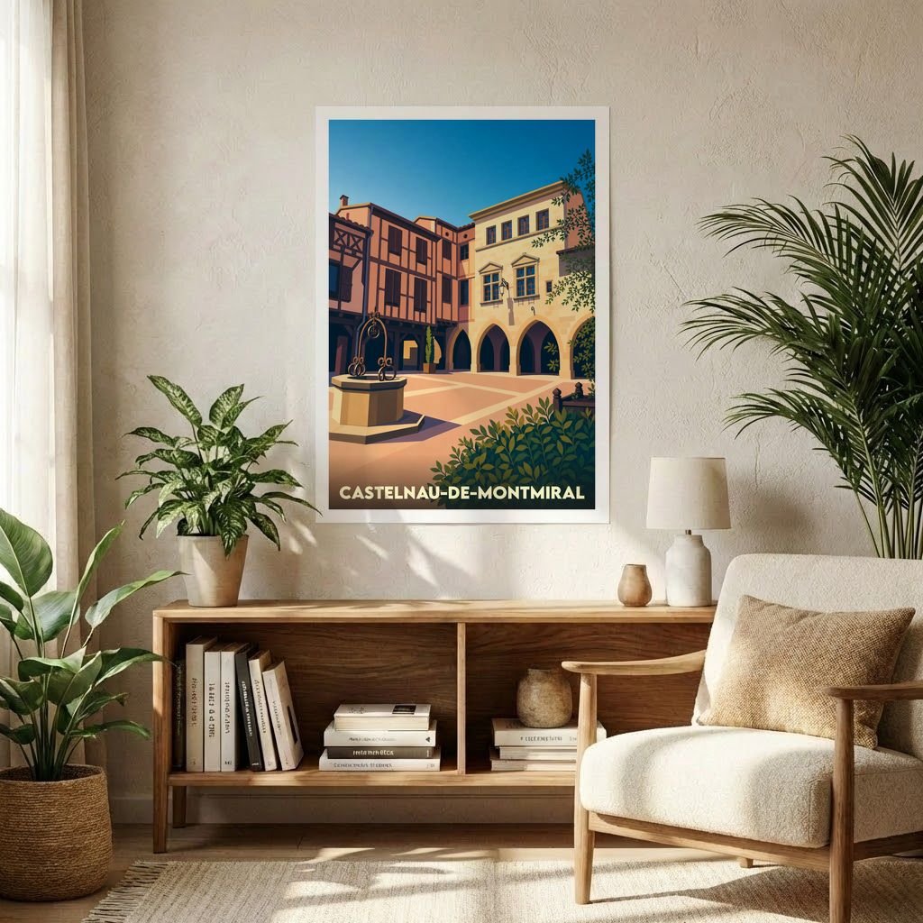 Affiche souvenir de la ville de Castelnau-de-Montmiral représentant sa place centrale avec une illustration stylisée.