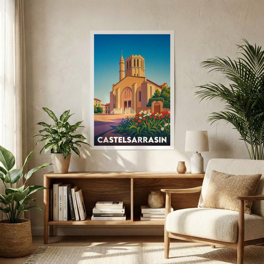 Affiche souvenir de la ville de Castelsarrasin avec une illustration stylisée de son église.