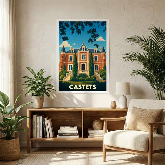 Affiche souvenir de la ville de Castets représentant un château de briques rouges dans un style graphique rétro.