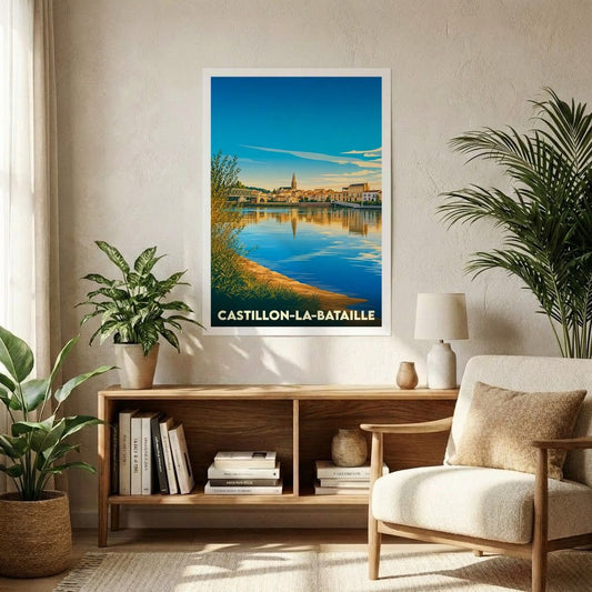 Affiche souvenir de la ville de Castillon-la-Bataille avec une illustration stylisée des bords de la Dordogne au coucher du soleil.