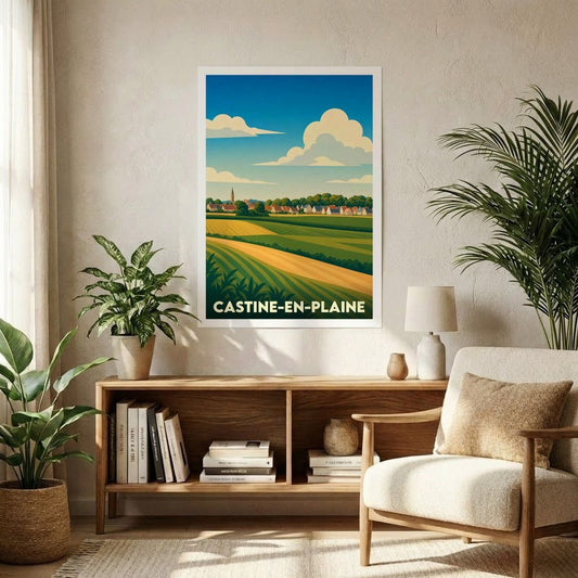 Affiche souvenir de la ville de Castine-en-Plaine avec une illustration stylisée de ses paysages ruraux.