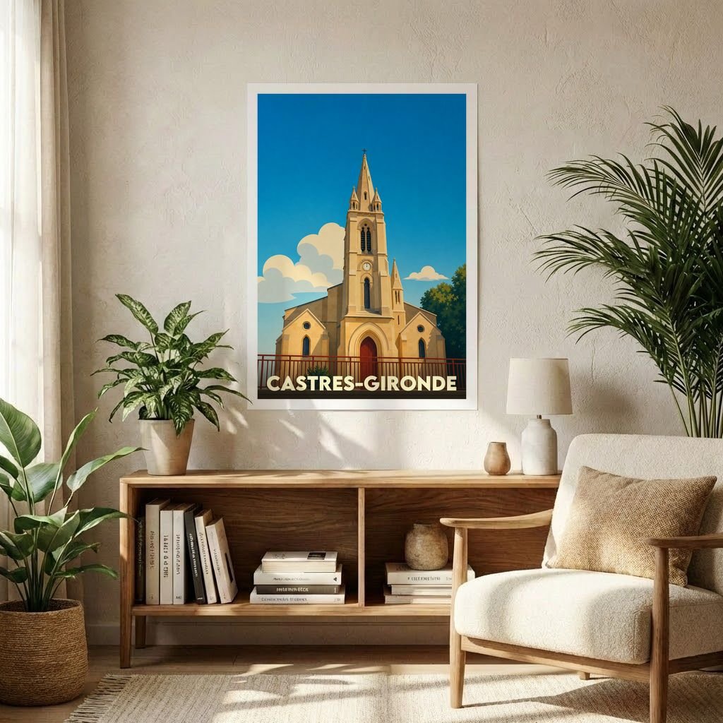 Affiche souvenir de la ville de Castres-Gironde présentant une illustration stylisée de son église sous un ciel bleu.