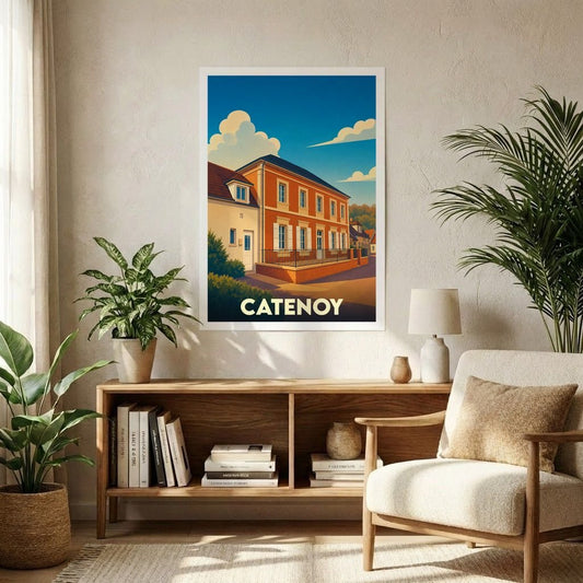 Affiche souvenir de la ville de Catenoy représentant une maison colorée dans un style graphique rétro.