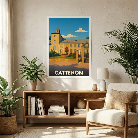 Affiche souvenir de la ville de Cattenom illustrant un bâtiment historique dans un style graphique épuré.