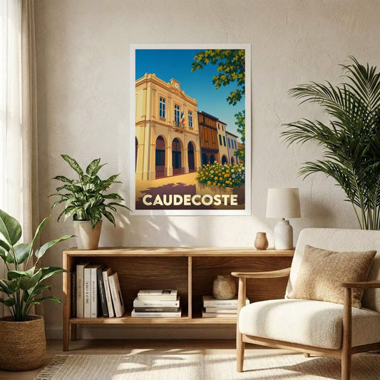 Affiche souvenir de la ville de Caudecoste avec une illustration stylisée d'un bâtiment historique sous un ciel bleu.