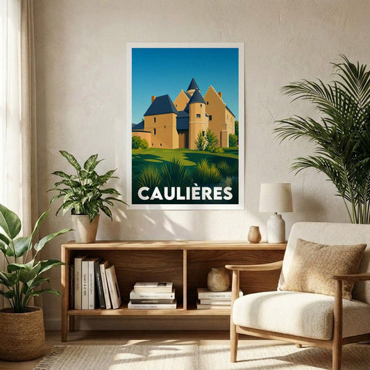 Affiche souvenir de la ville de Caulières avec une illustration stylisée.