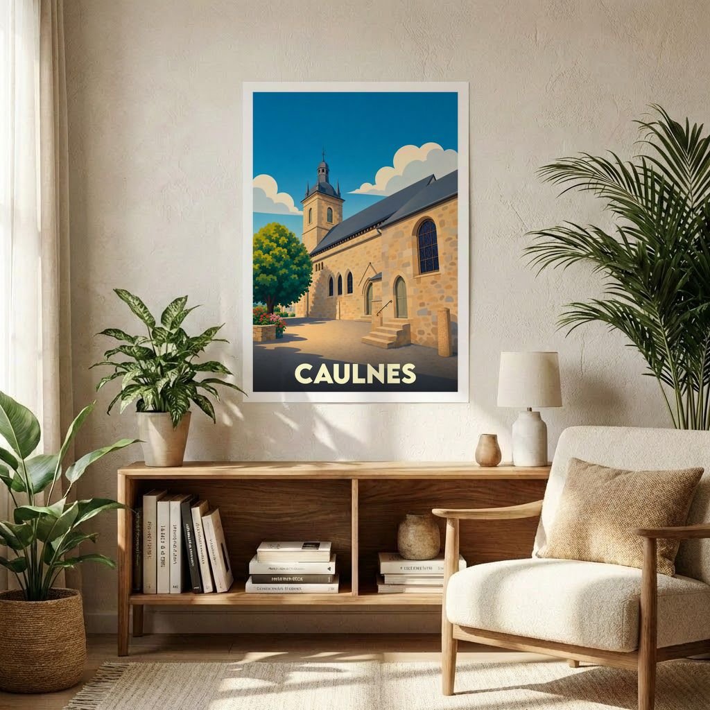 Affiche souvenir de la ville de Caulnes avec une illustration stylisée de son église sous un ciel bleu azur.