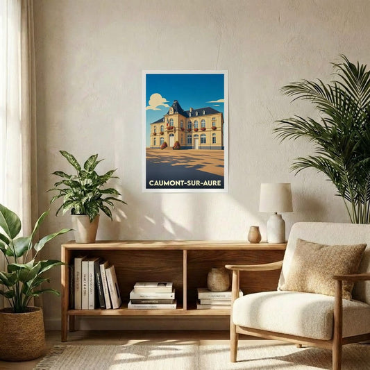 Affiche souvenir de la ville de Caumont-sur-Aure avec une illustration stylisée du bâtiment de la mairie.