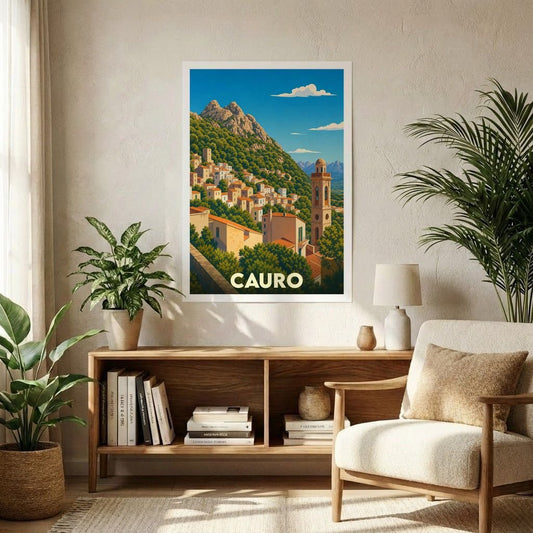 Affiche souvenir de la ville de Cauro avec une illustration stylisée de ses maisons flanquant la colline.