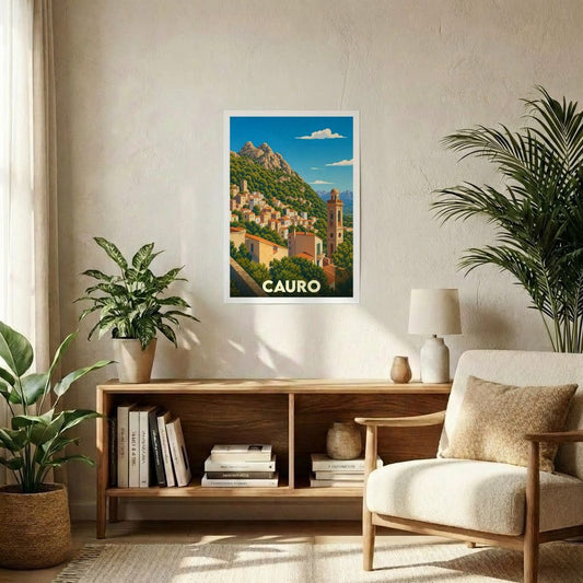 Affiche souvenir de la ville de Cauro avec une illustration stylisée d'un village corse en montagne.
