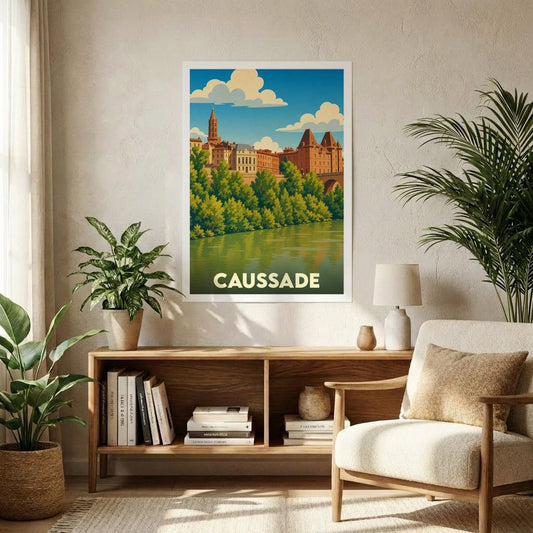 Affiche souvenir de la ville de Caussade avec une illustration stylisée de son paysage urbain au bord de l'eau.