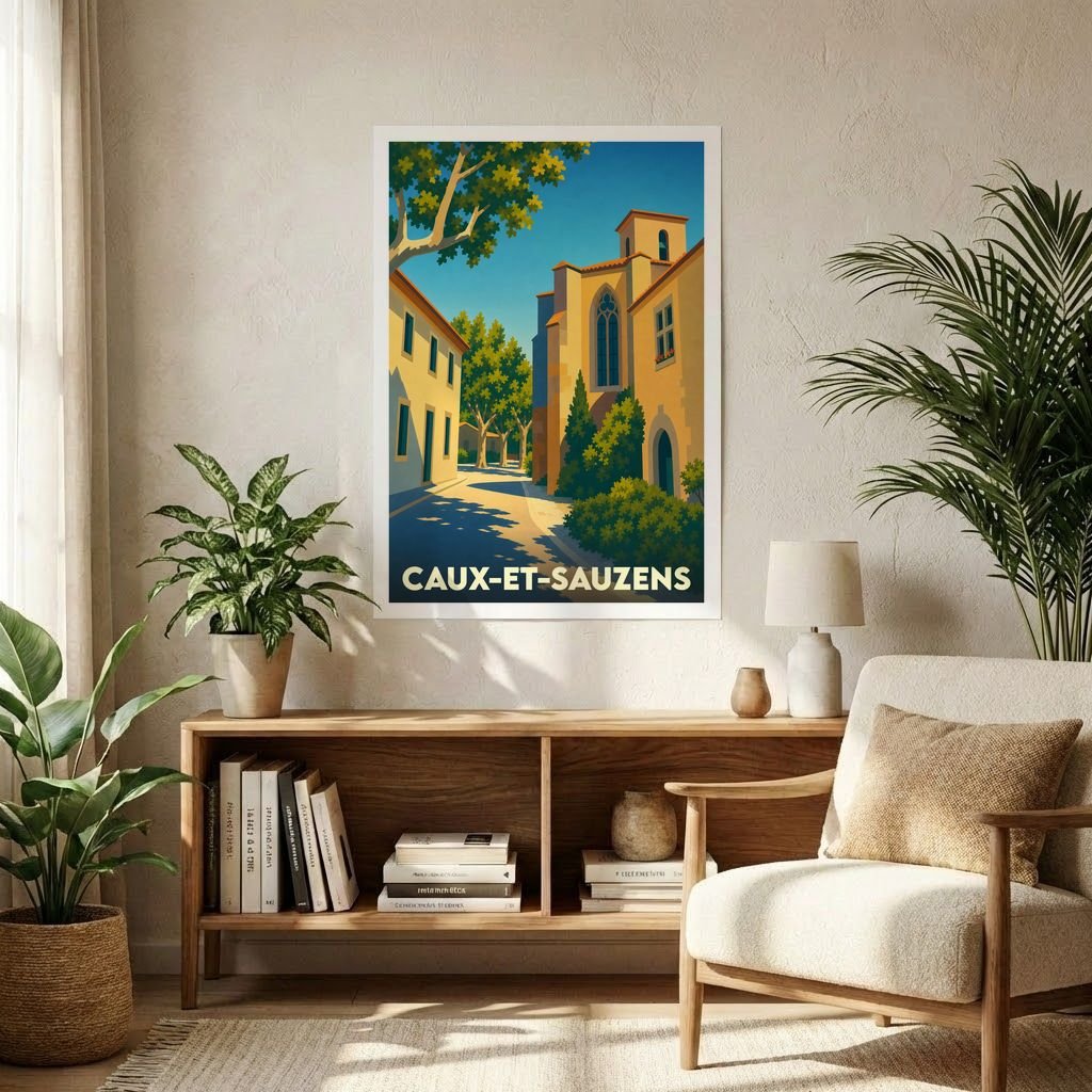 Affiche souvenir de la ville de Caux-et-Sauzens avec une illustration stylisée.