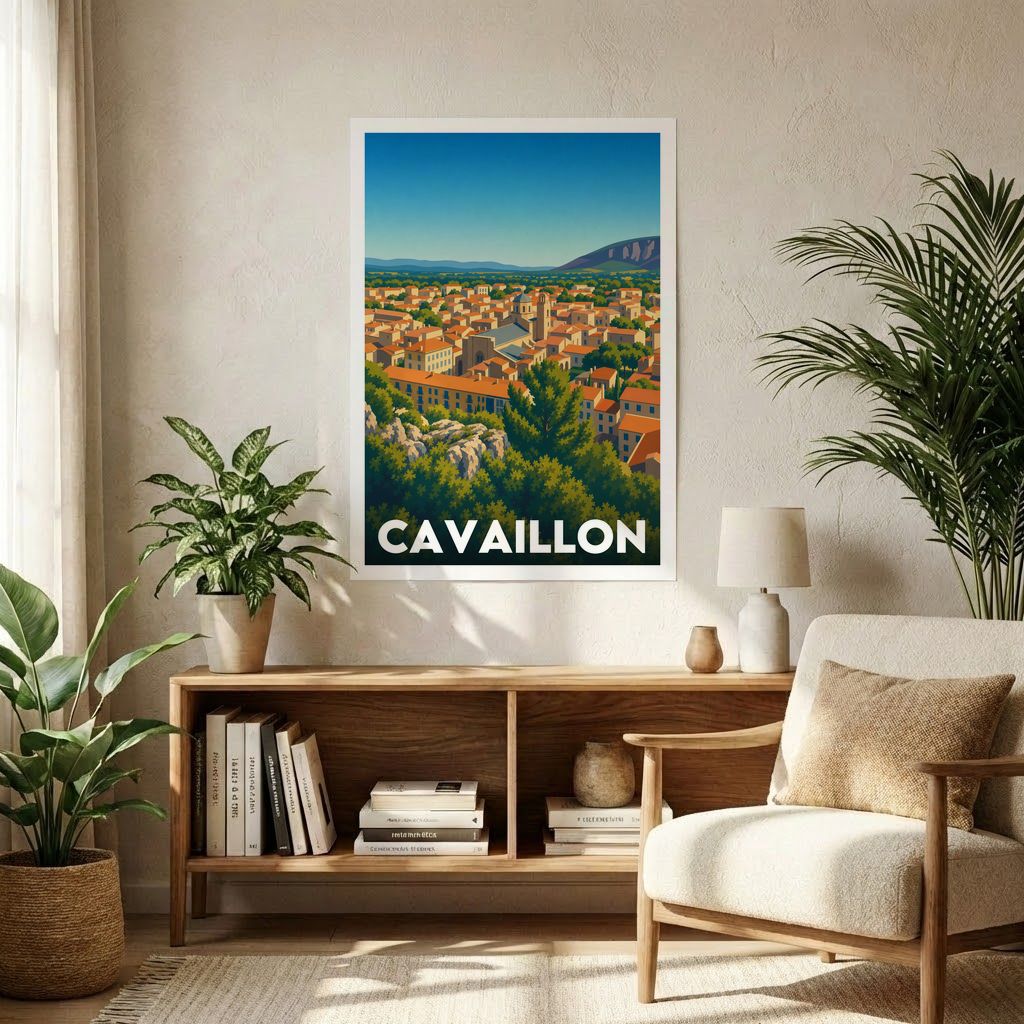 Affiche souvenir de la ville de Cavaillon avec une illustration stylisée de son paysage urbain.