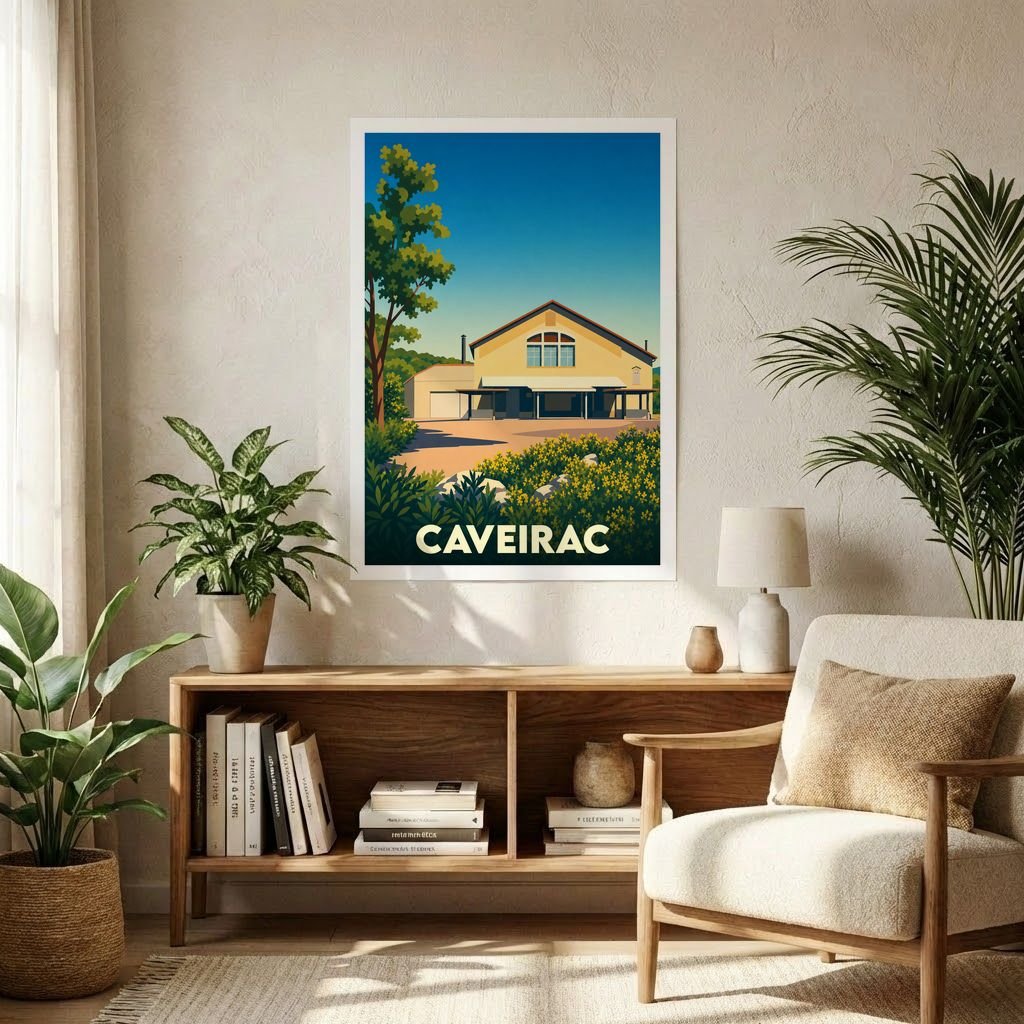 Affiche souvenir de la ville de Caveirac avec une illustration stylisée d'une maison sous un ciel azur.