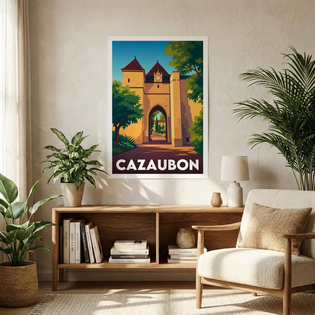 Affiche de la ville de Cazaubon avec une illustration stylisée de son architecture historique.