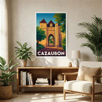 Affiche de la ville de Cazaubon avec une illustration stylisée de son architecture historique.