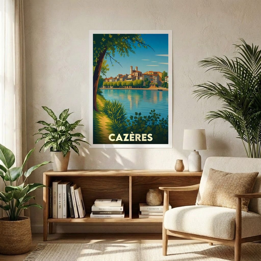 Affiche souvenir de la ville de Cazères avec une illustration stylisée des bords de la Garonne.