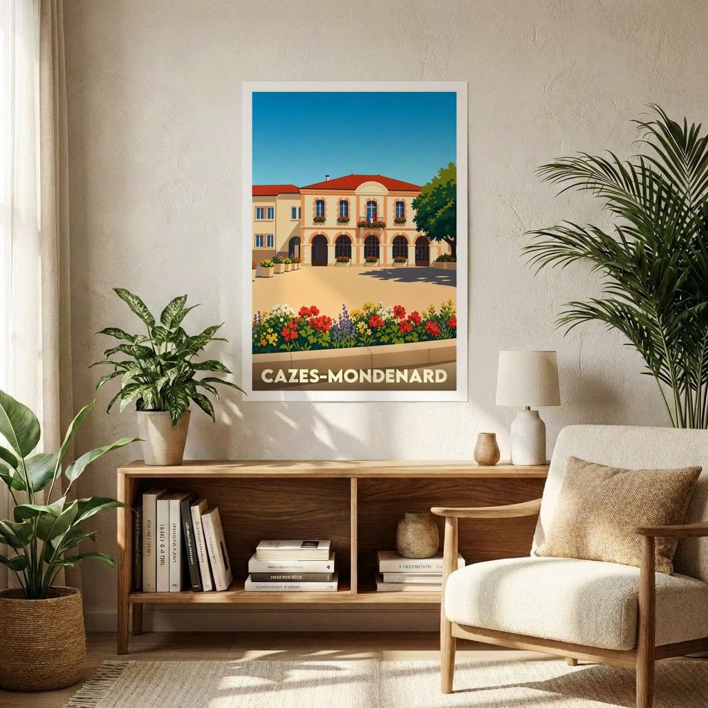 Affiche souvenir de la ville de Cazes-Mondenard avec une illustration stylisée d'un bâtiment provençal fleuri.