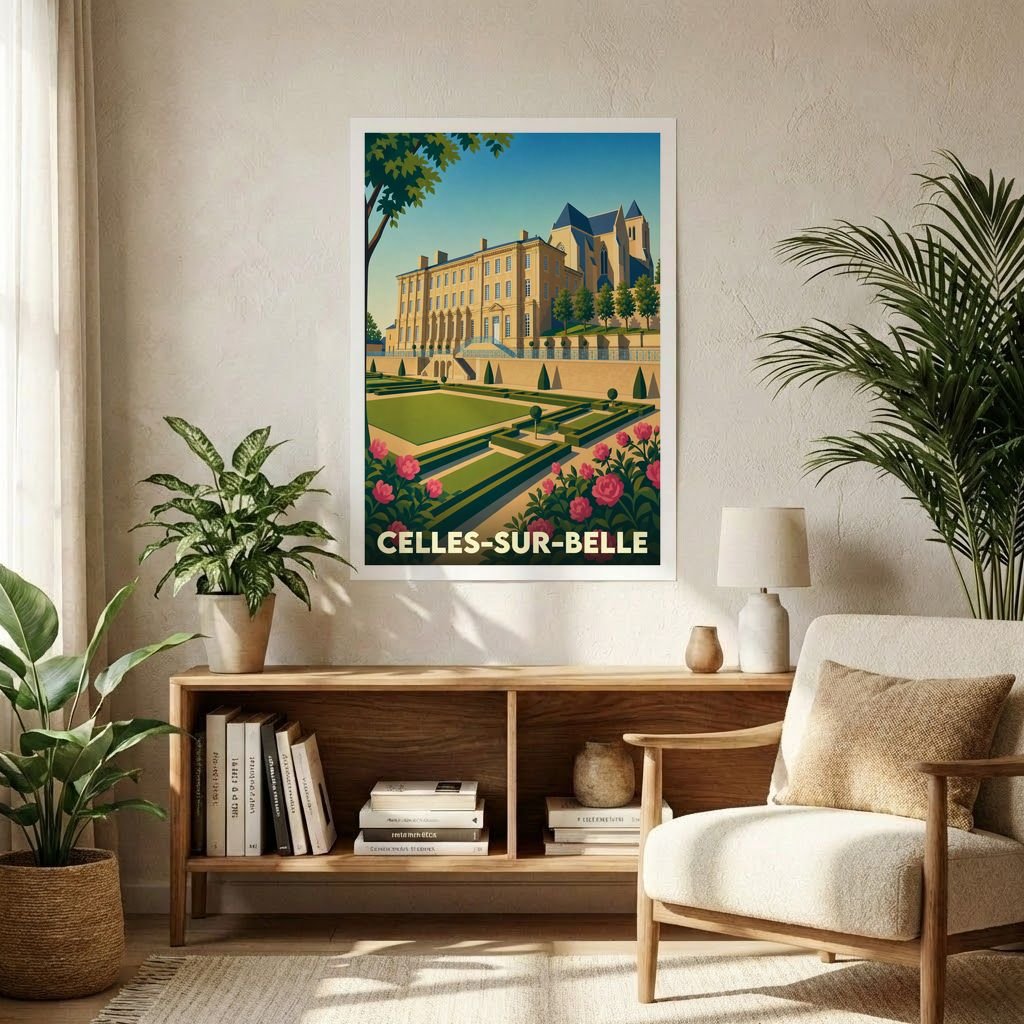 Affiche souvenir de la ville de Celles-sur-Belle avec une illustration stylisée d'une abbaye et ses jardins.