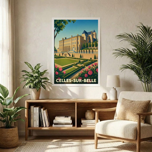 Affiche souvenir de la ville de Celles-sur-Belle avec une illustration stylisée d'une abbaye et ses jardins.