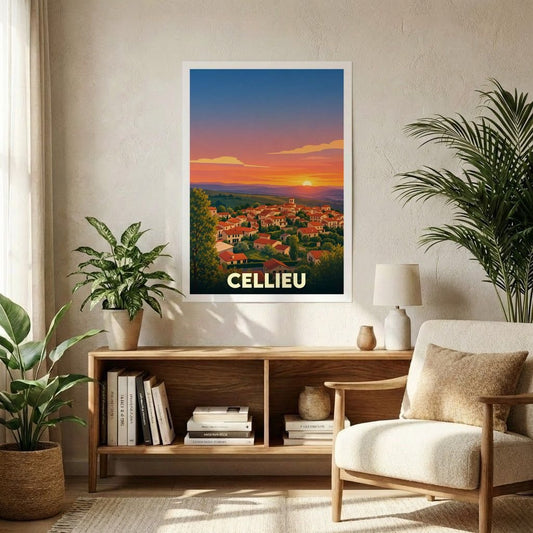 Affiche souvenir de la ville de Cellieu représentant un paysage de village au coucher du soleil dans un style illustré.
