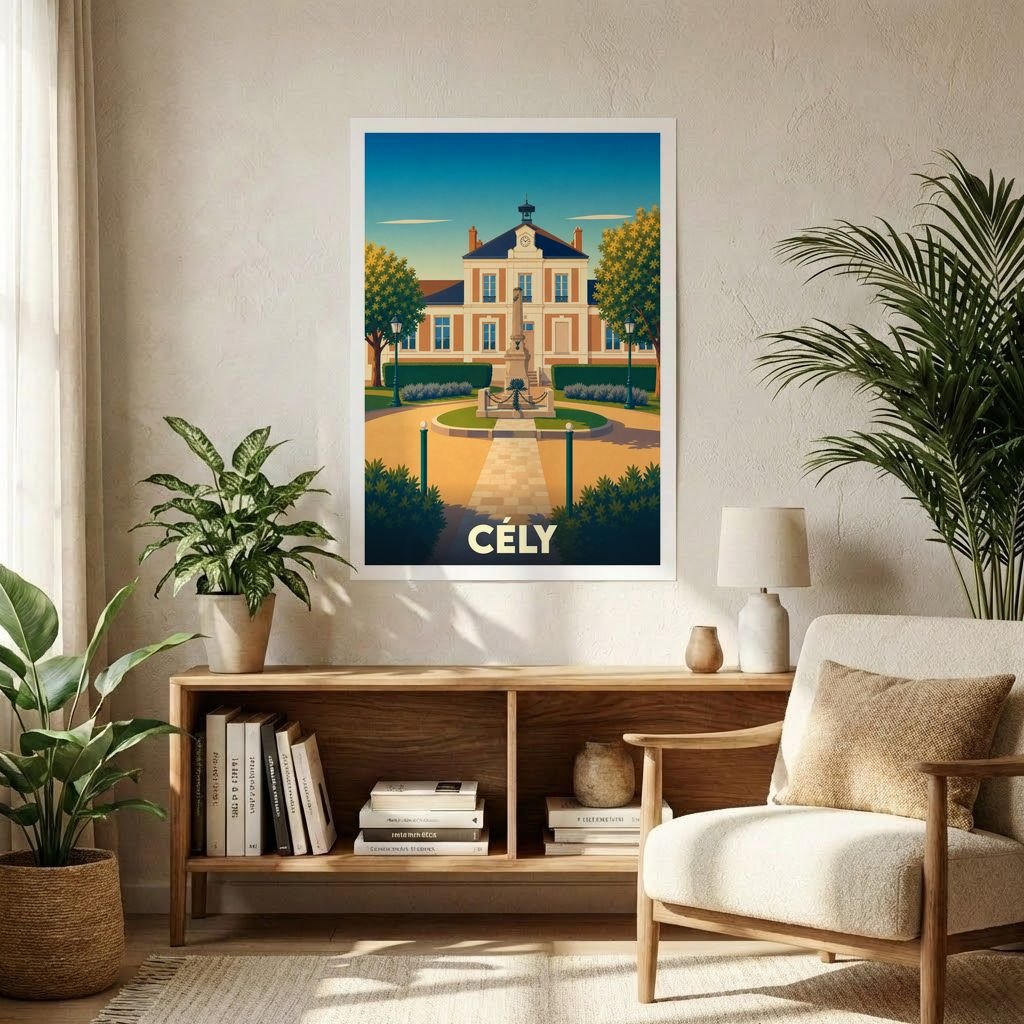 Affiche souvenir de la ville de Cély représentant son hôtel de ville dans un style graphique rétro.