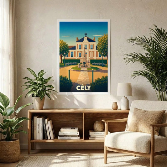 Affiche souvenir de la ville de Cély représentant son hôtel de ville dans un style graphique rétro.