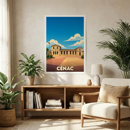 Affiche souvenir de la ville de Cénac présentant une illustration stylisée de son architecture locale sous un ciel bleu.