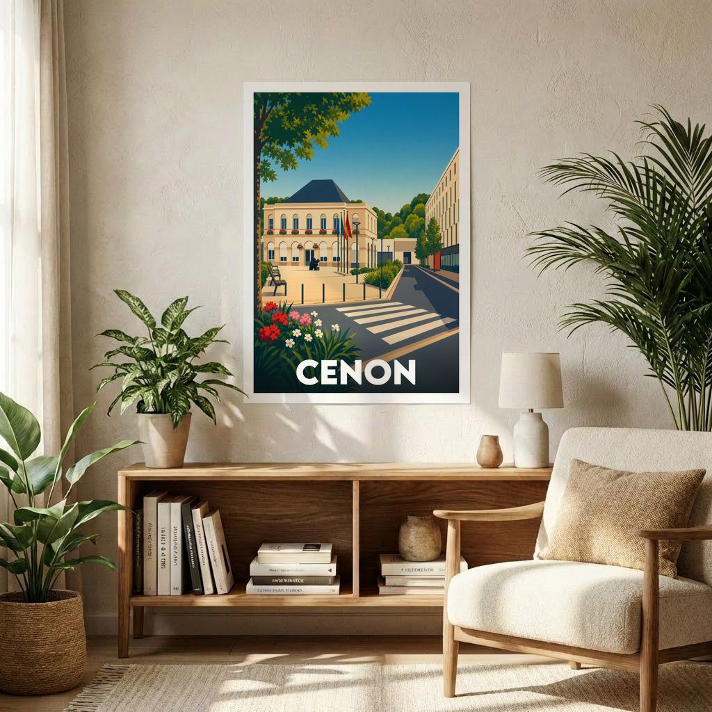 Affiche souvenir de la ville de Cenon avec une illustration stylisée et colorée de son architecture.