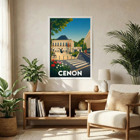 Affiche souvenir de la ville de Cenon avec une illustration stylisée et colorée de son architecture.