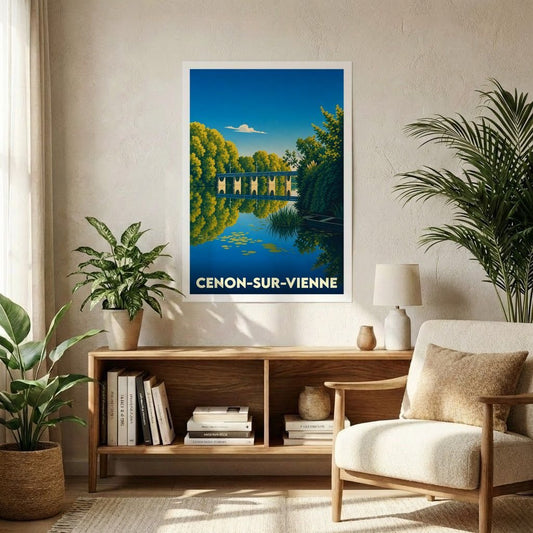 Affiche souvenir de la ville de Cenon-sur-Vienne présentant une illustration stylisée d'un pont se reflétant dans l'eau.