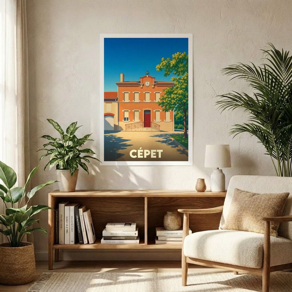 Affiche souvenir de la ville de Cépet présentant une illustration stylisée de sa mairie sous un ciel bleu azur.