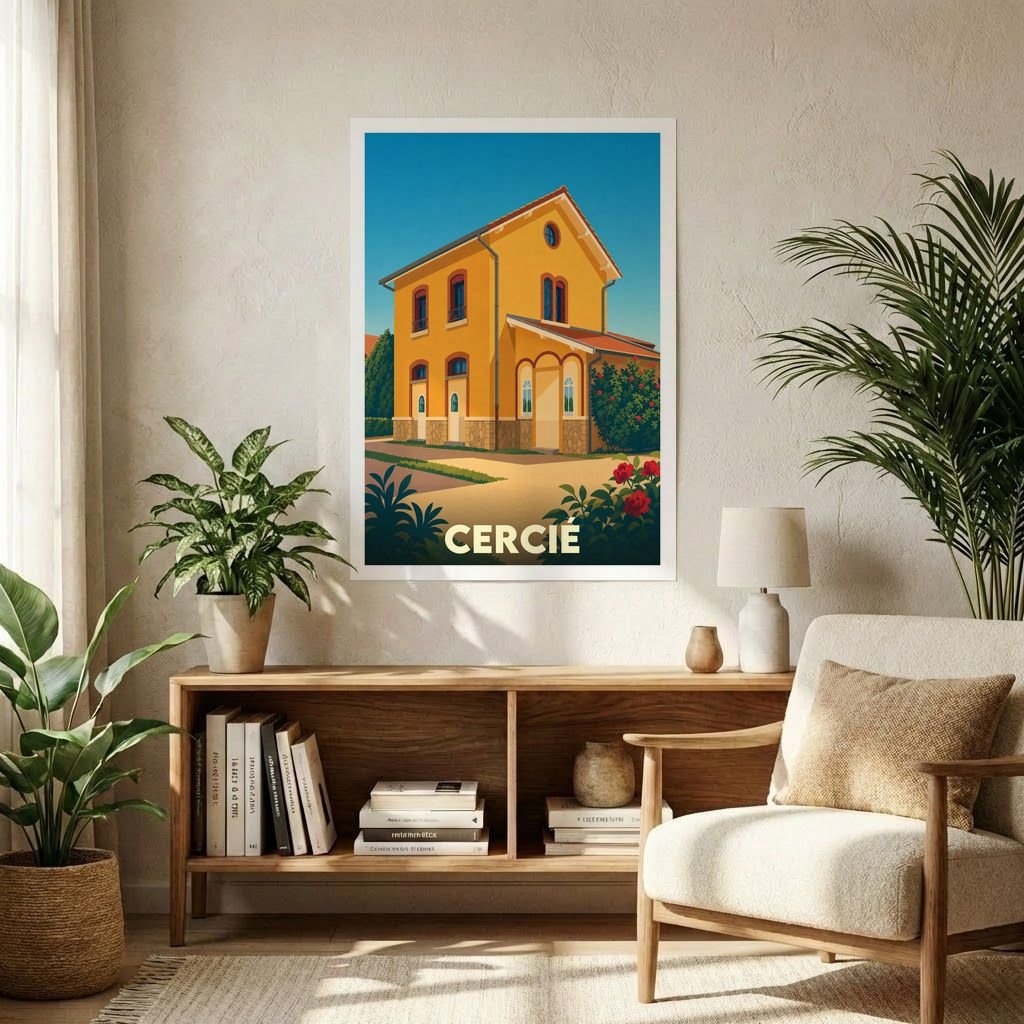 Affiche souvenir de la ville de Cercié présentant une illustration stylisée d'une bâtisse jaune sous un ciel bleu.