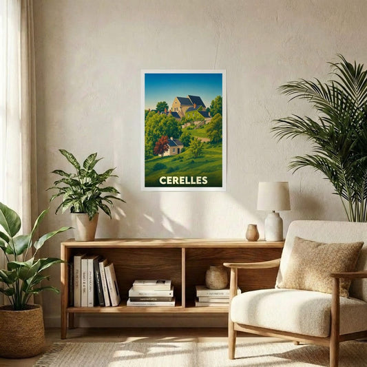 Affiche souvenir de la ville de Cerelles avec une illustration stylisée et colorée du paysage urbain.