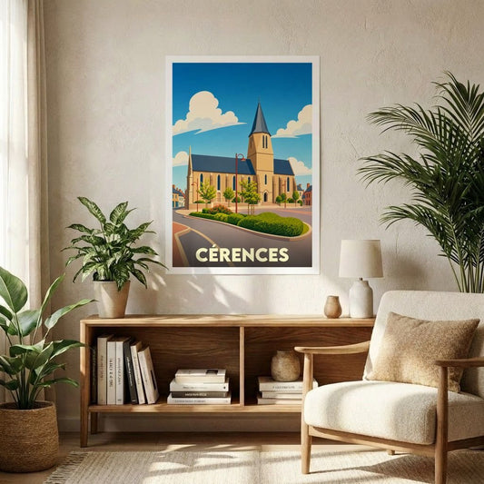 Affiche souvenir de la ville de Cérences avec une illustration stylisée de son église sous un ciel azur.