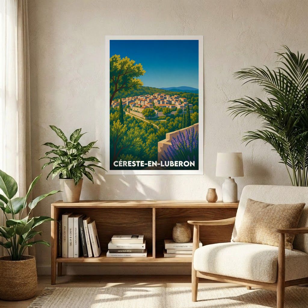 Affiche souvenir de la ville de Céreste-en-Luberon avec une illustration stylisée de son paysage provençal.