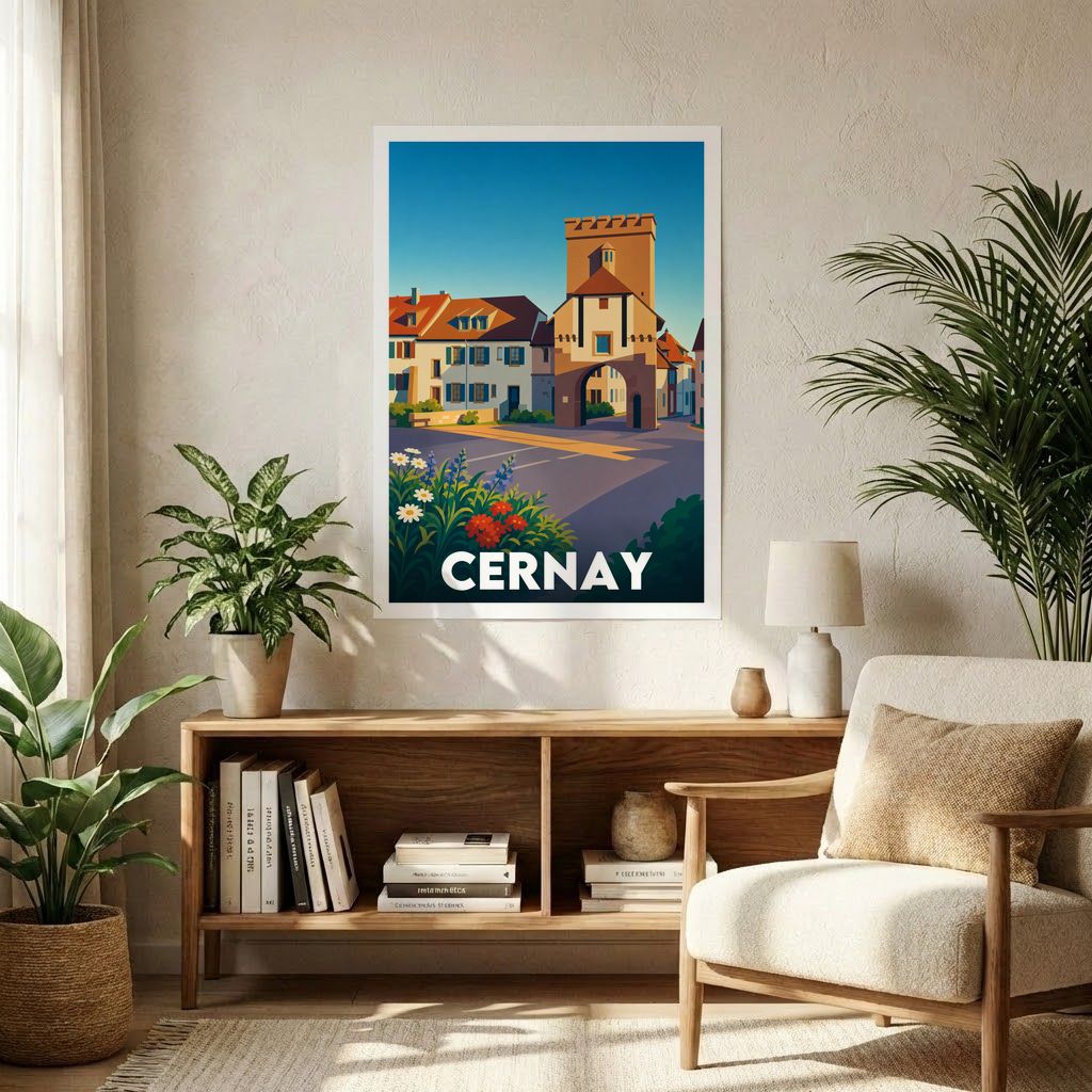 Affiche souvenir de la ville de Cernay avec une illustration stylisée de son architecture historique.