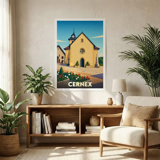 Affiche souvenir de la ville de Cernex représentant son église dans un style graphique épuré.