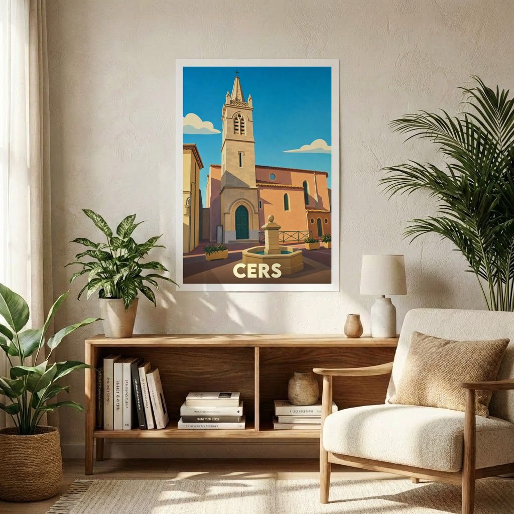 Affiche souvenir de la ville de Cers présentant une illustration stylisée d'une église ensoleillée et d'une fontaine.