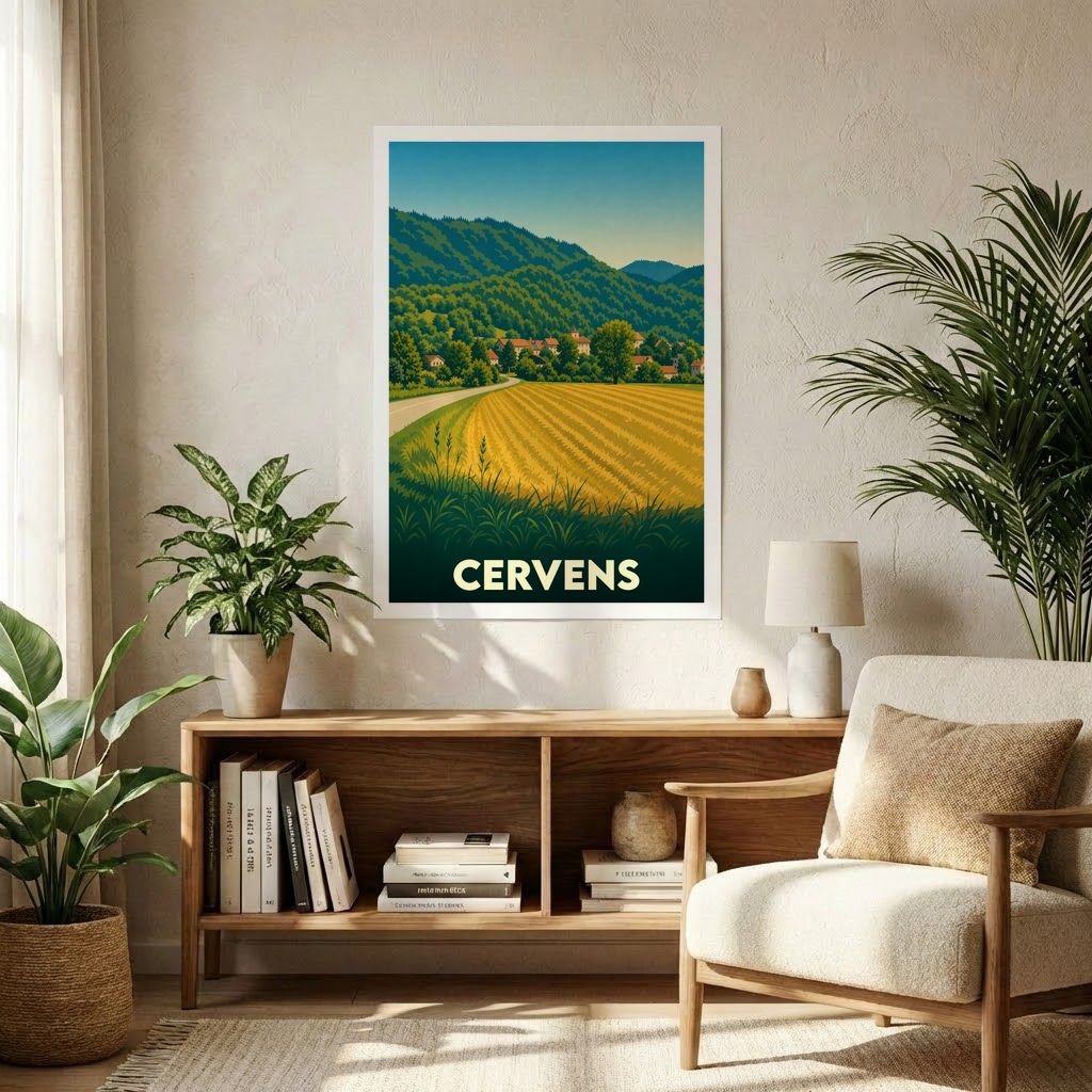 Affiche souvenir de la ville de Cervens avec une illustration stylisée de son paysage vallonné.