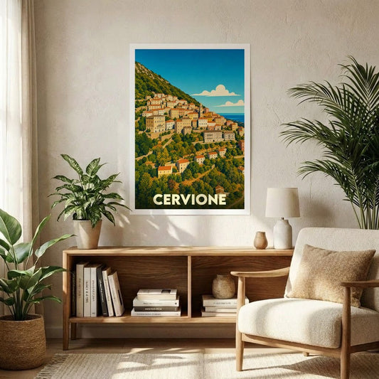 Affiche souvenir de la ville de Cervione avec une illustration stylisée de ses maisons flanquées à la montagne.