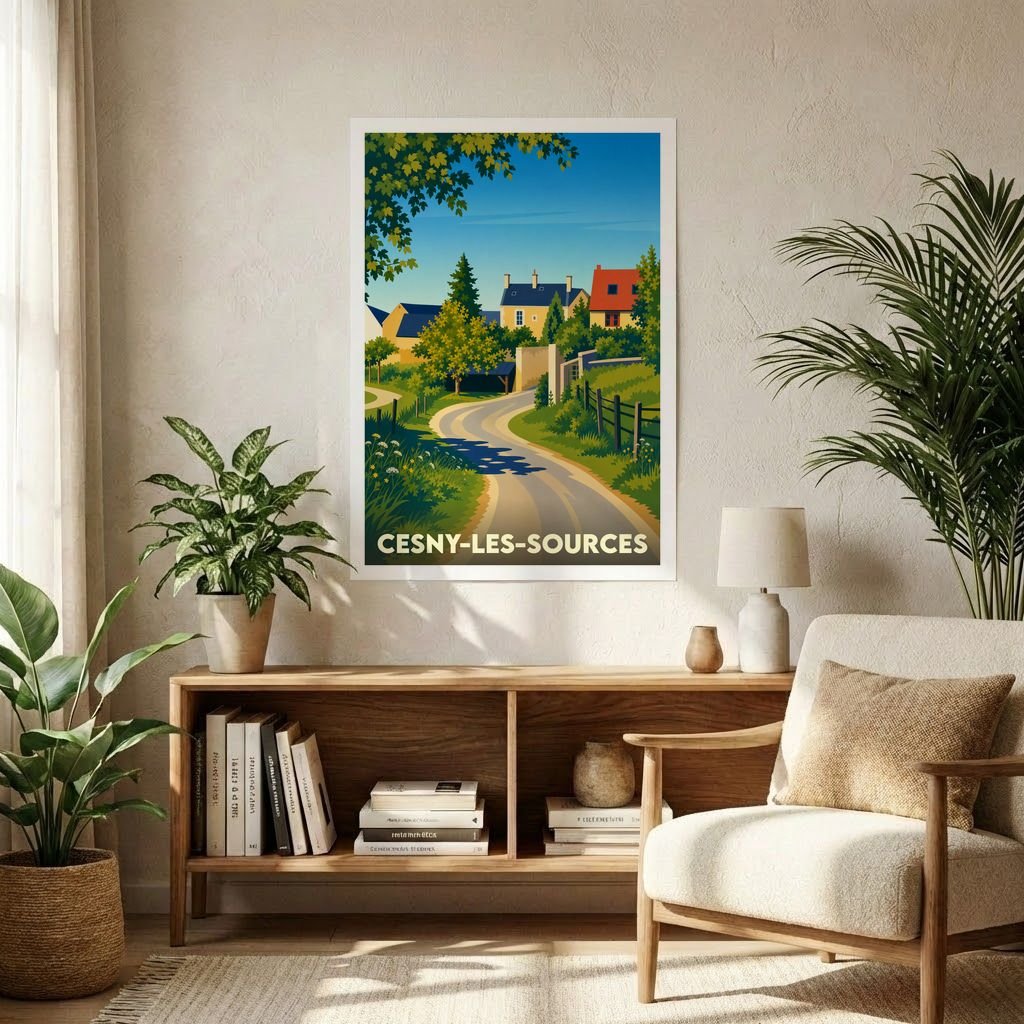 Affiche souvenir de la ville de Cesny-les-Sources présentant une illustration stylisée d'un paysage de campagne normand.