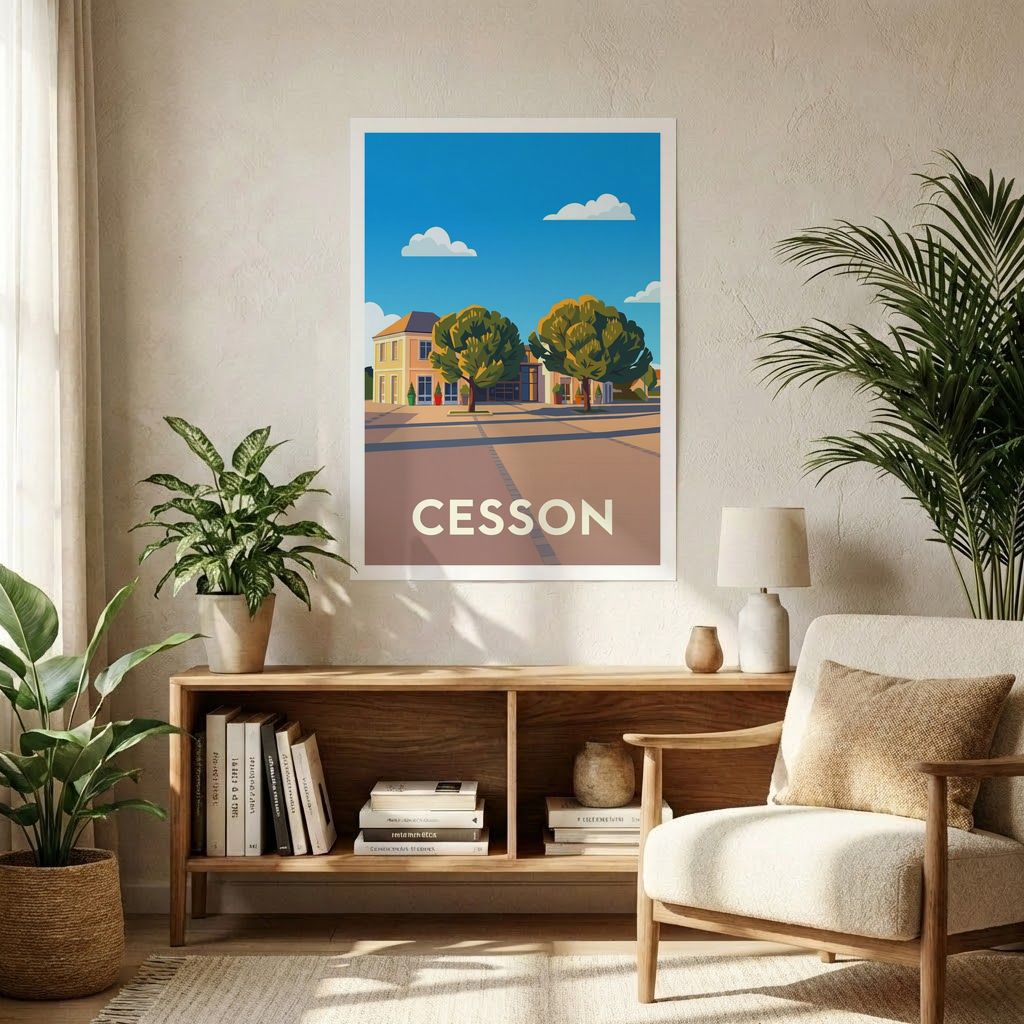 Affiche souvenir de la ville de Cesson avec une illustration stylisée.